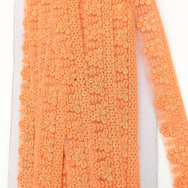 Orange Net Lace Trim With Floral Embroidery And Gold Sequins, Sequinned Trim, Wedding Trim Bridal Trim